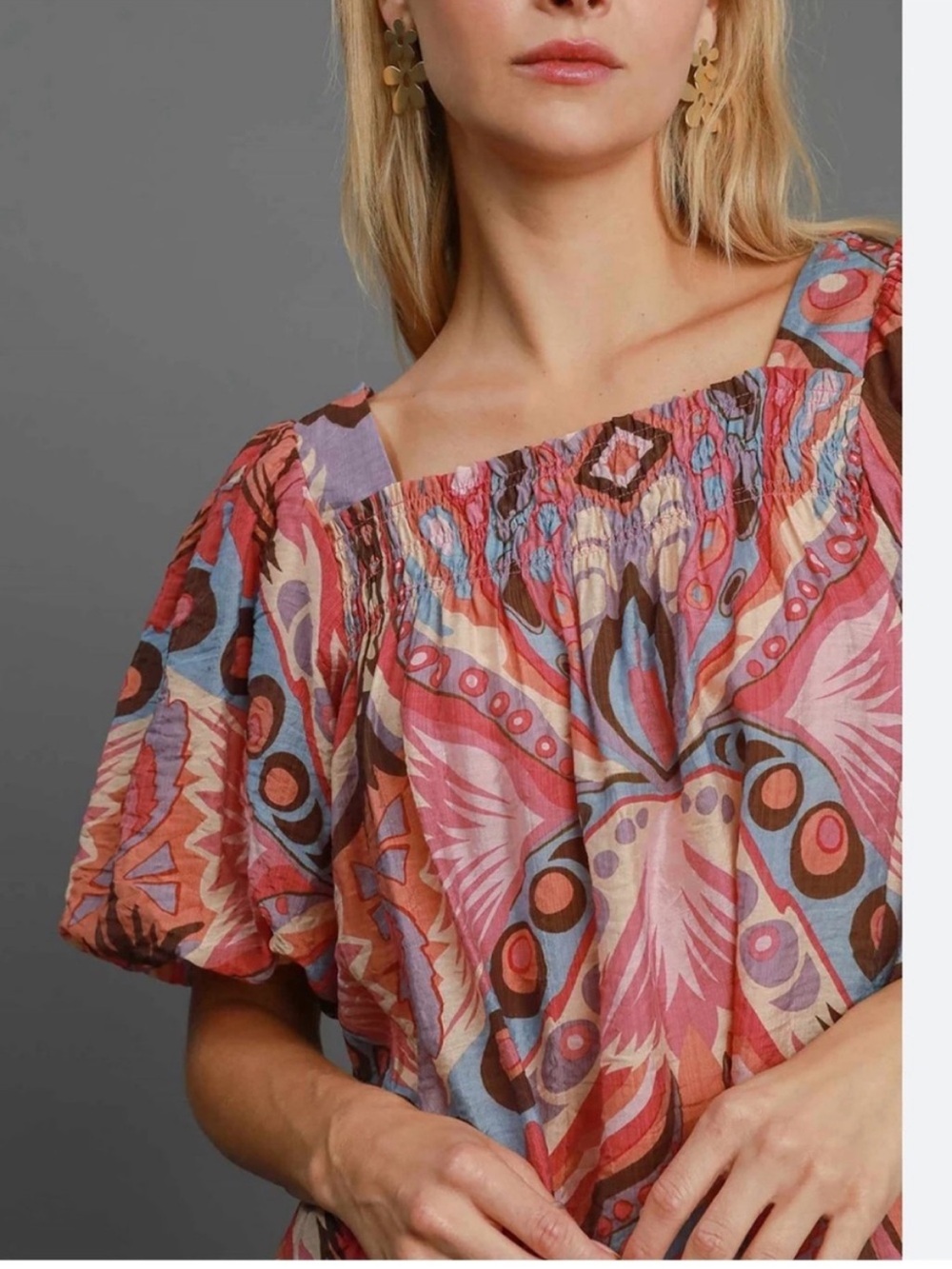 Umgee Boho Off Shoulder Blouse Medium Multicolor Abstract Floral Peasant Top
